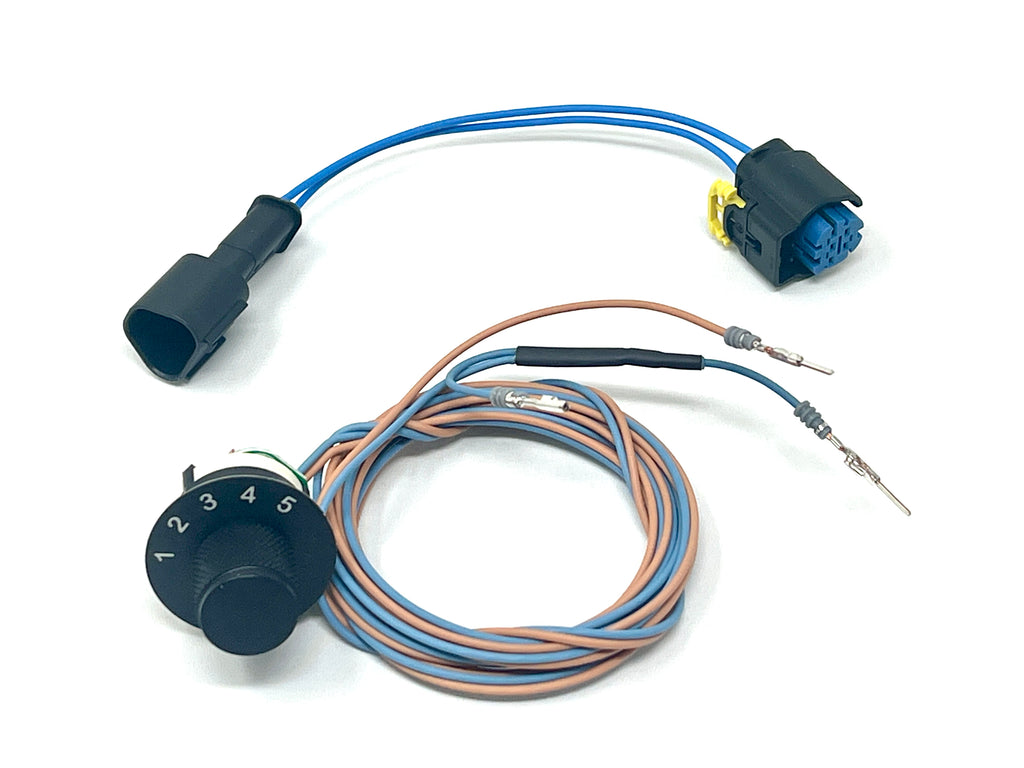 Wiring harness with connectors and a switch on a white background