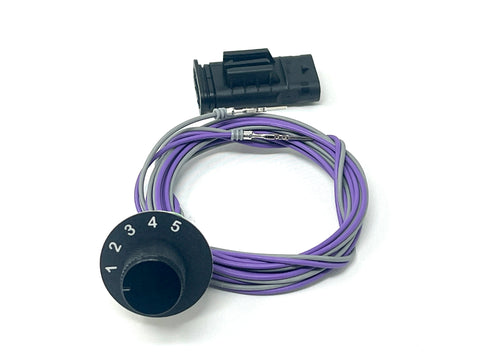 Switch with purple and gray cable on a white background