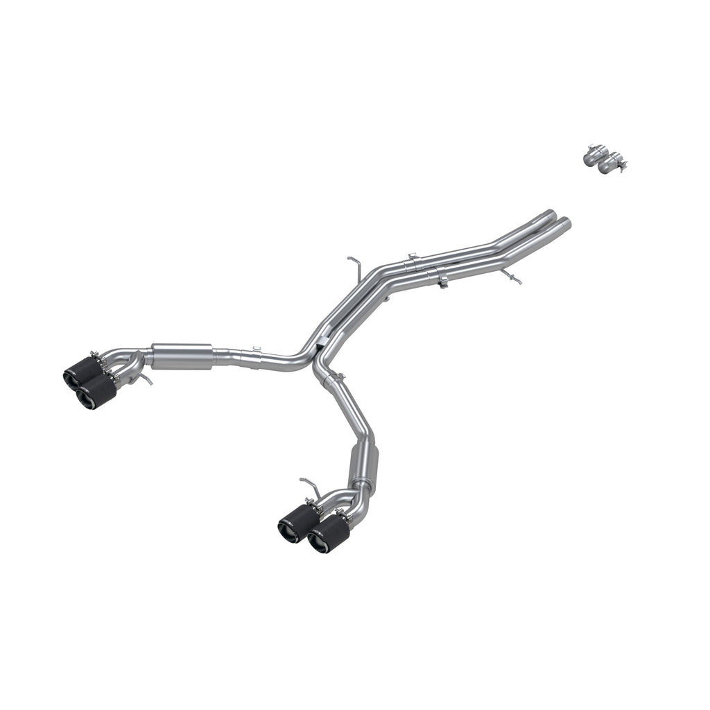 T304 Stainless Steel, 2.5" Resonator Back, Dual Rear, Quad Carbon Fiber Tips.
