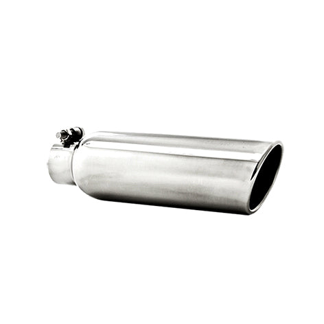 T304 Stainless Steel Tip 3.5" OD;  2.25"  inlet; 12" length; Angled Cut Rolled End;  Clampless-no weld