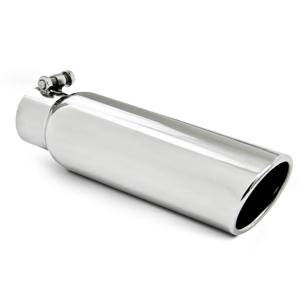 T304 Stainless Steel Tip 3.5" OD;  2.5"  inlet;  12" length; Angled Cut Rolled End;  Clampless-no weld