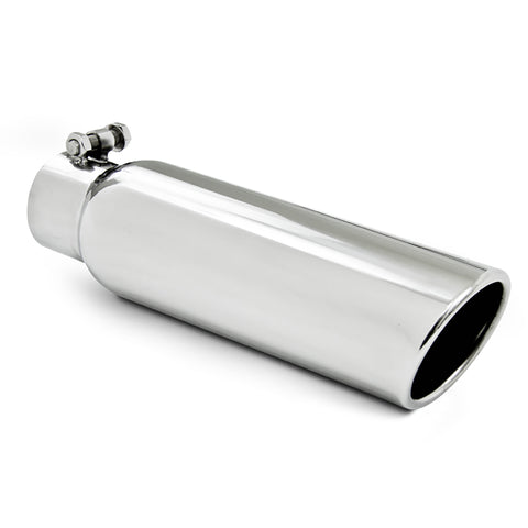 T304 Stainless Steel Tip 3.5" OD;  2.5"  inlet;  12" length; Angled Cut Rolled End;  Clampless-no weld