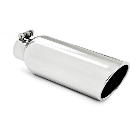 T304 Stainless Steel Tip 4" OD;  2.25"  inlet;  12" length; Angled Cut Rolled End;  Clampless-no weld